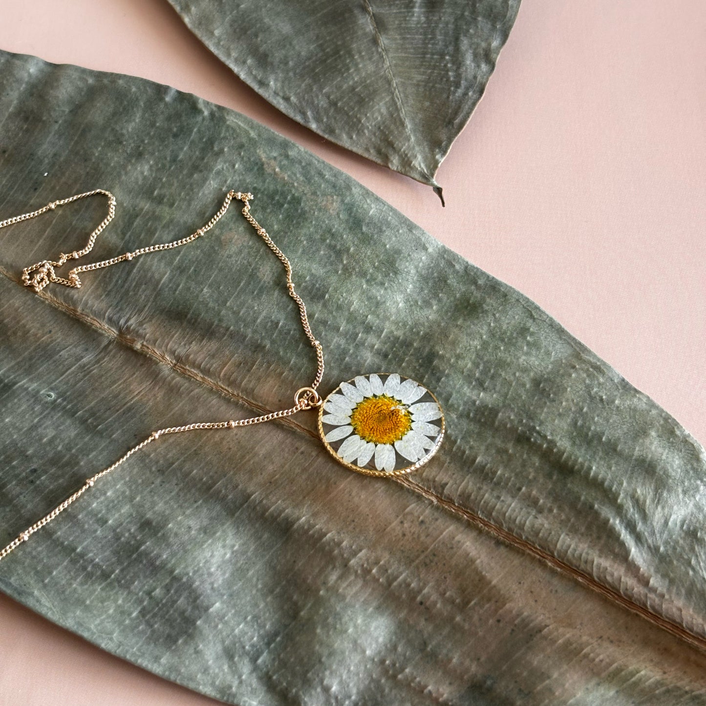 Pressed daisy flower necklace with 18K gold plated ball chain