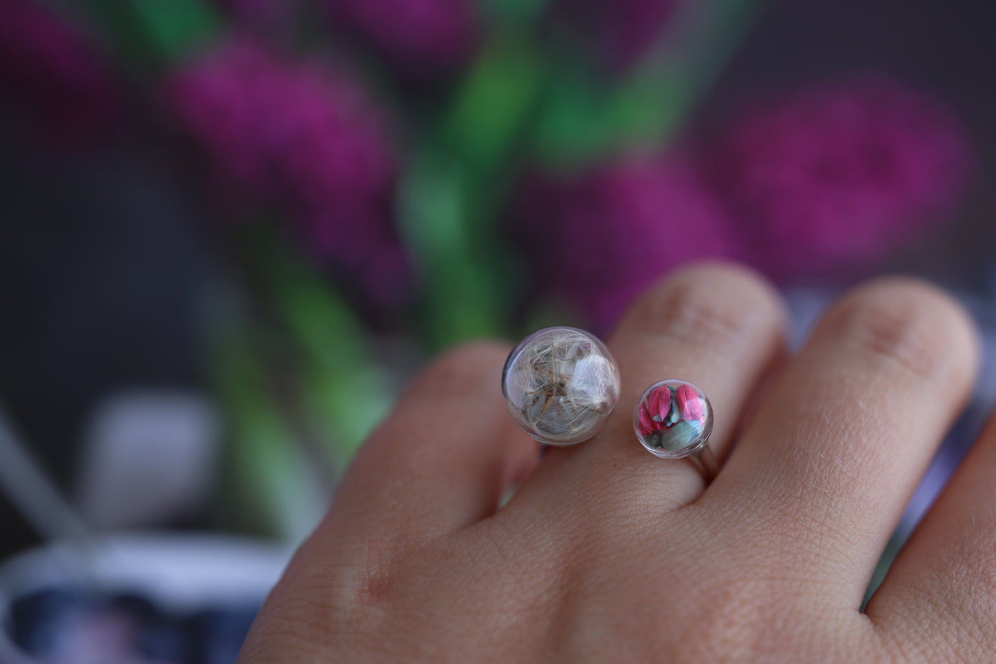 Real dandelion seed ring on sterling silver