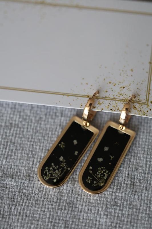 Pressed Queen Anne's Lace Earrings on black resin & gold plated brass