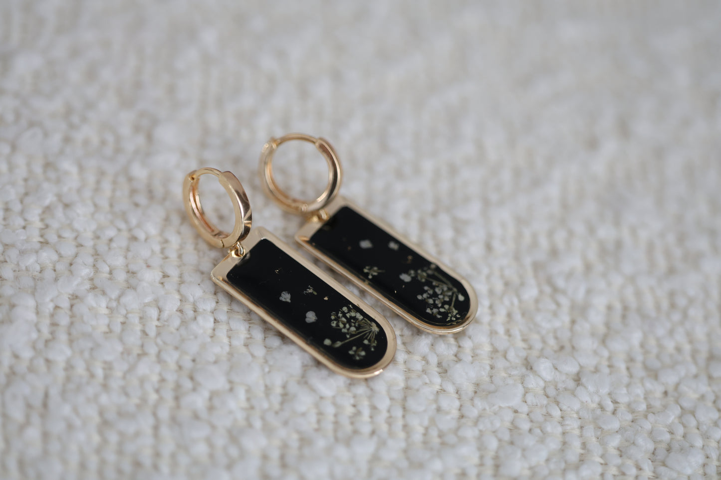 Pressed Queen Anne's Lace Earrings on black resin & gold plated brass
