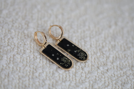 Pressed Queen Anne's Lace Earrings on black resin & gold plated brass