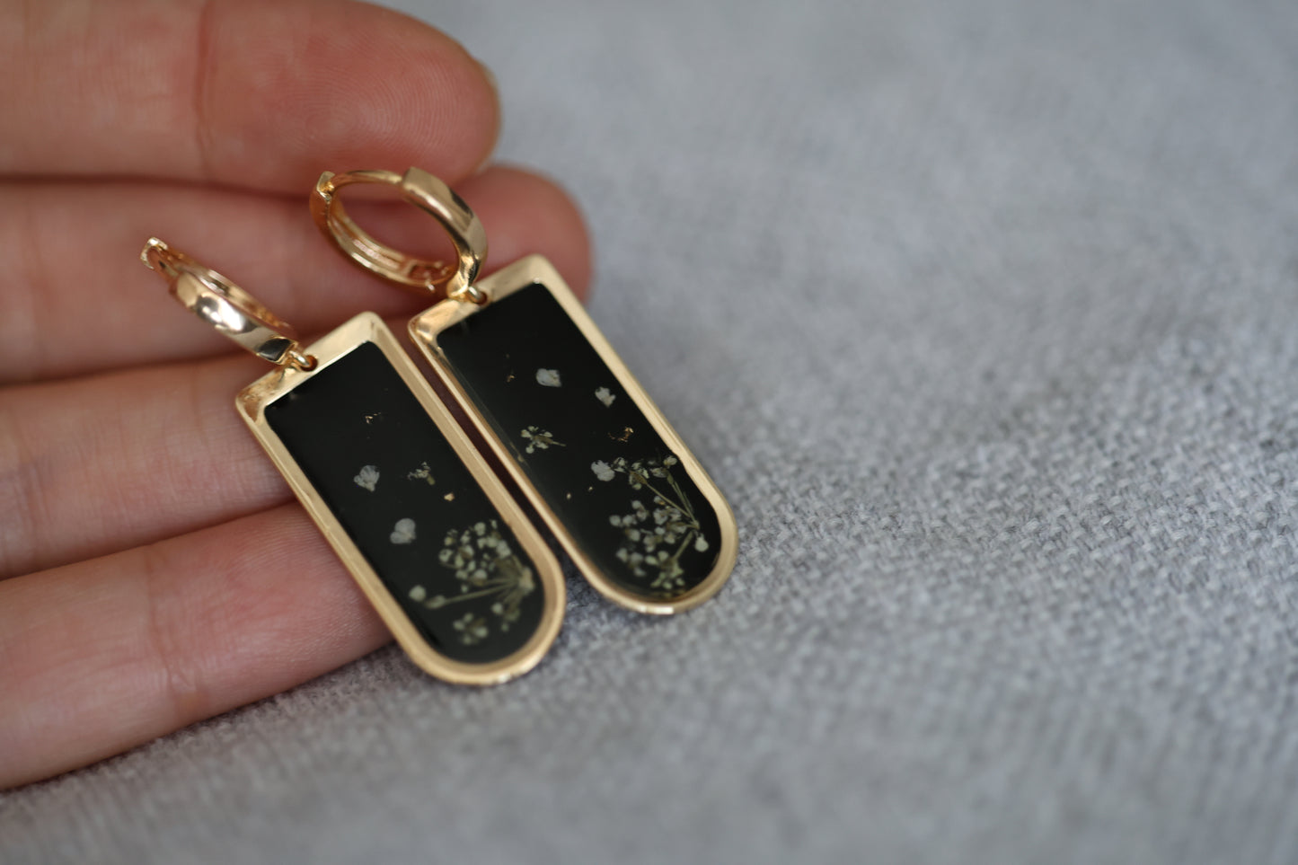 Pressed Queen Anne's Lace Earrings on black resin & gold plated brass