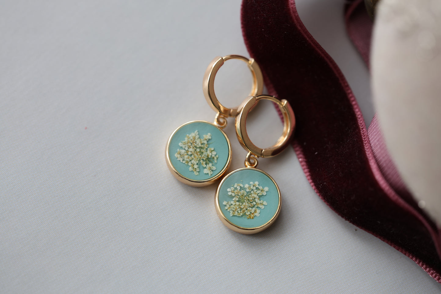 Real Queen Anne's lace Earrings on Turquoise