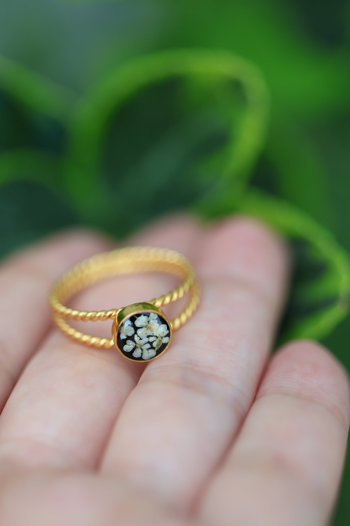 Gold Botanical Ring with real white flowers on black