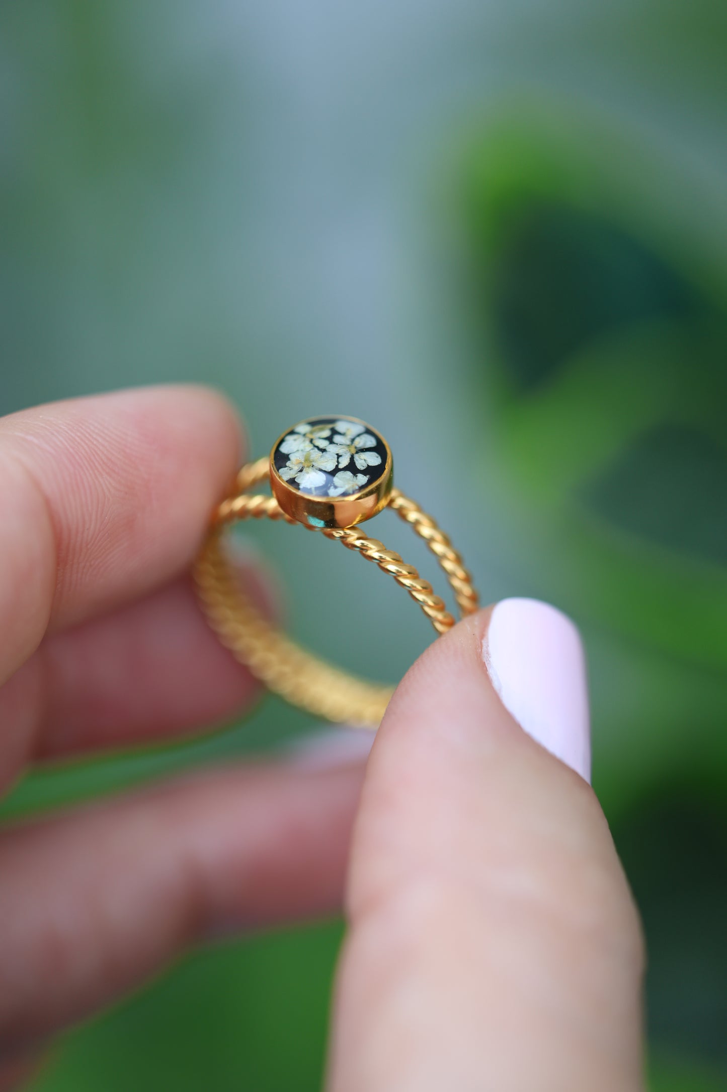 Gold Botanical Ring with real white flowers on black