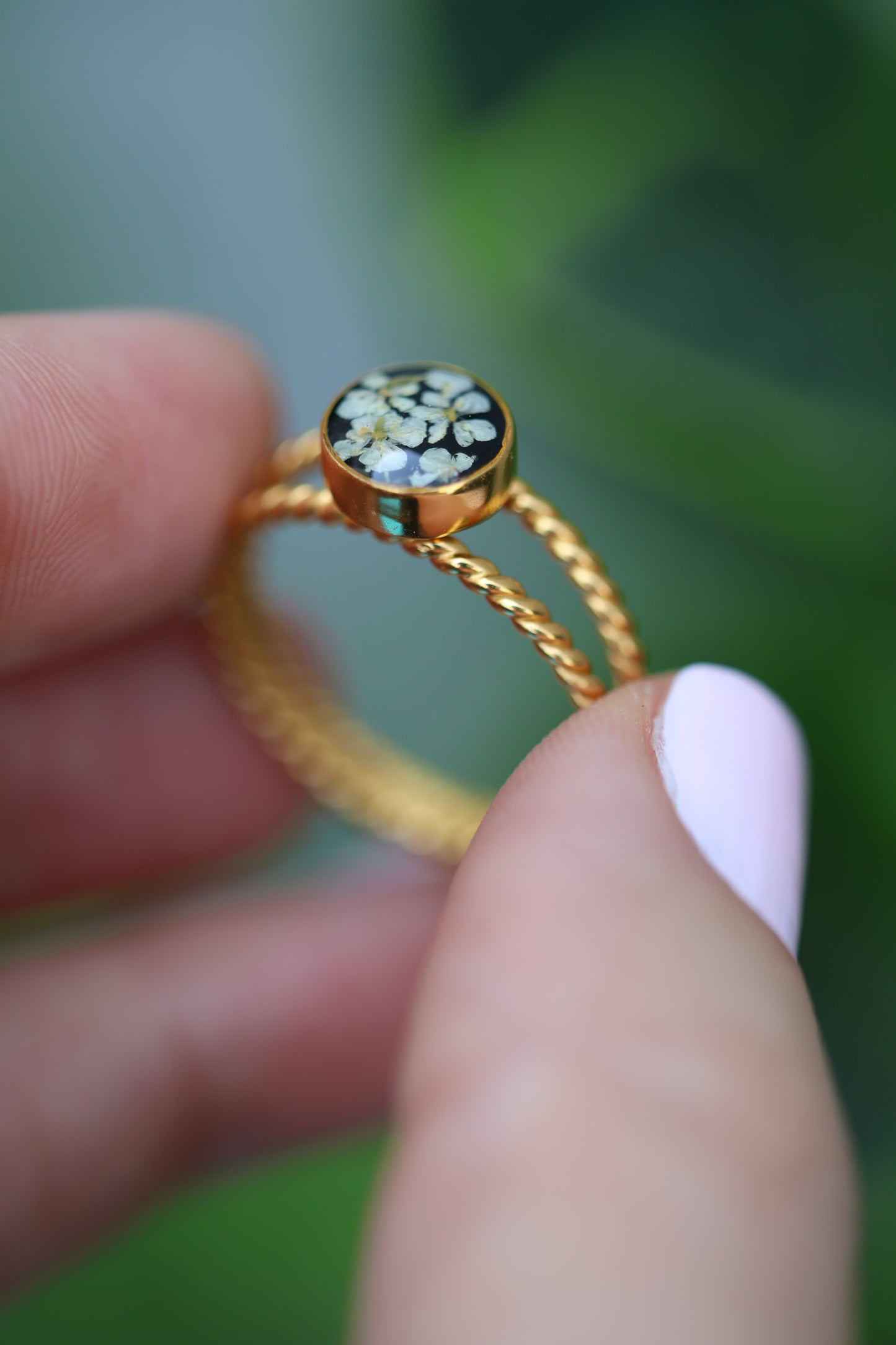 Gold Botanical Ring with real white flowers on black