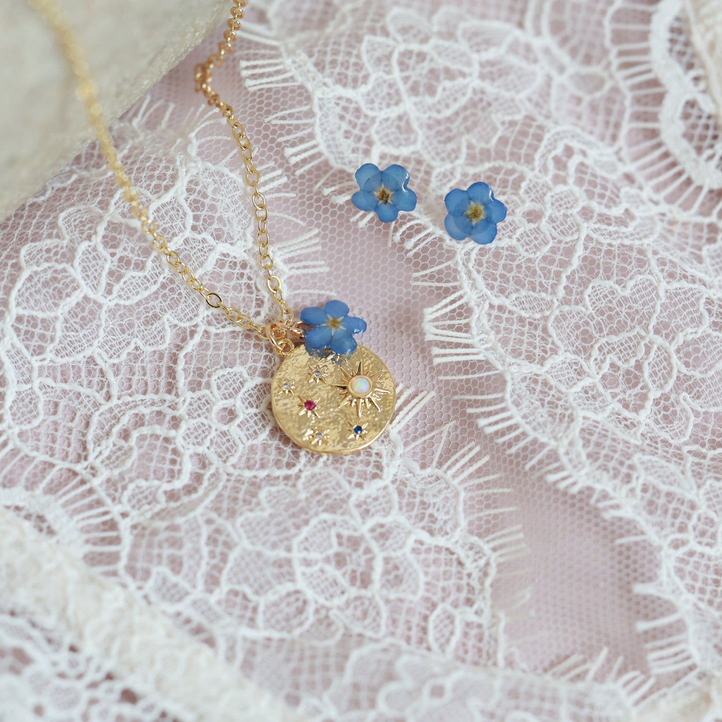 Night sky star pendant with real forget me not charm