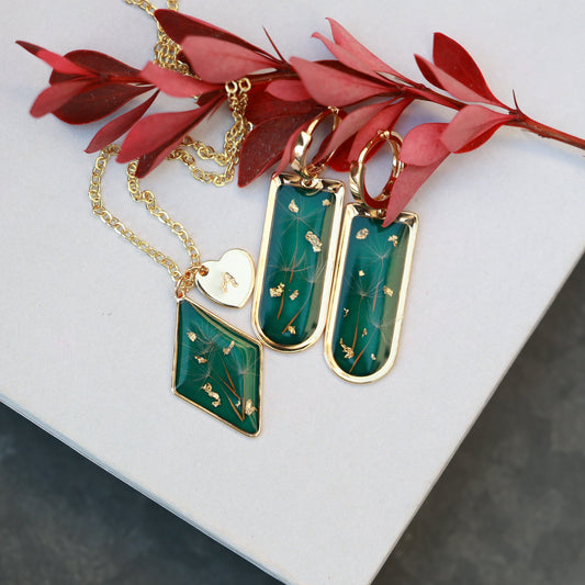 Dark Green Dandelion Seed Jewelry Set - Earrings & Personalized necklace