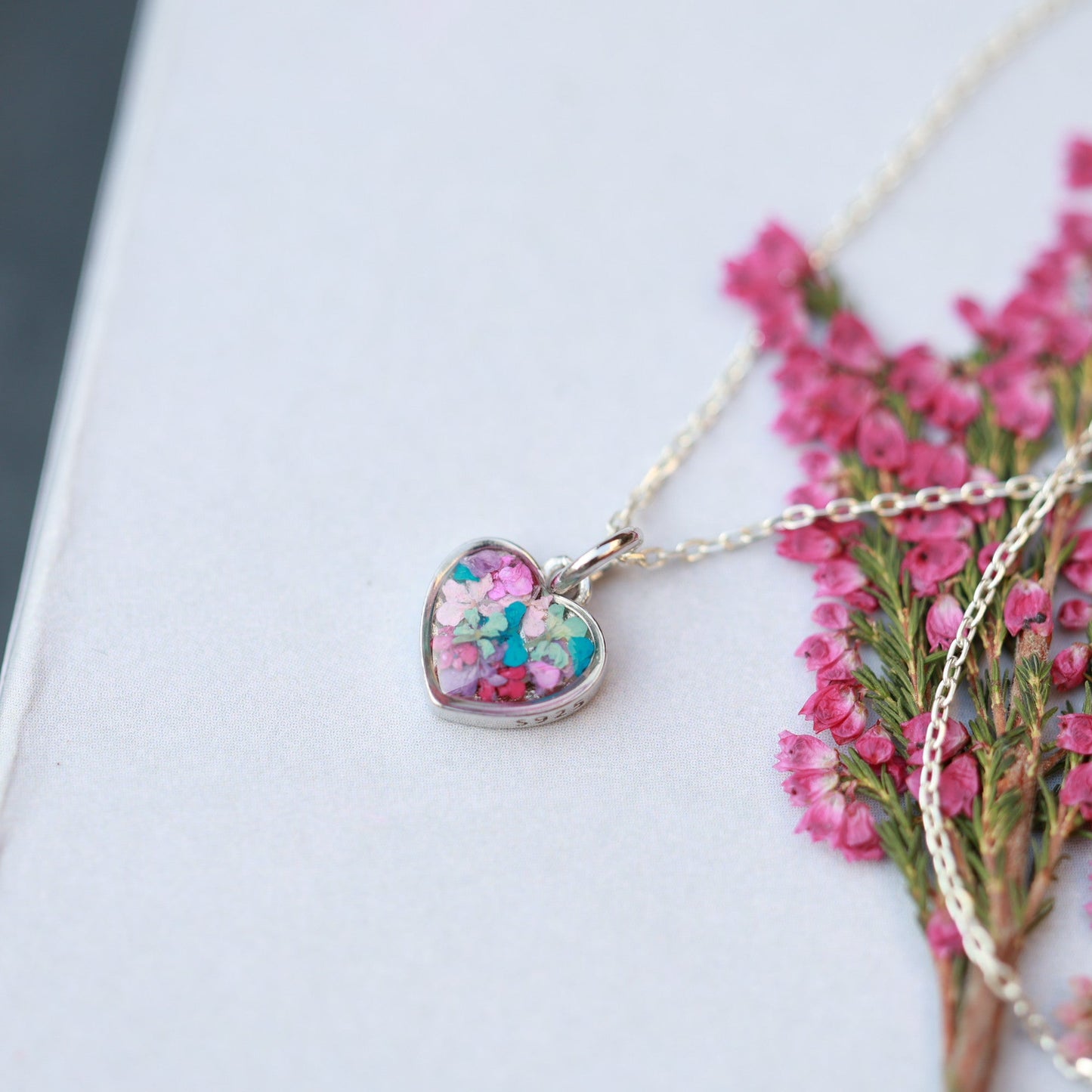 Sterling Silver Heart Necklace - Handmade Real tiny Flowers, Colorful Minimalist Pendant