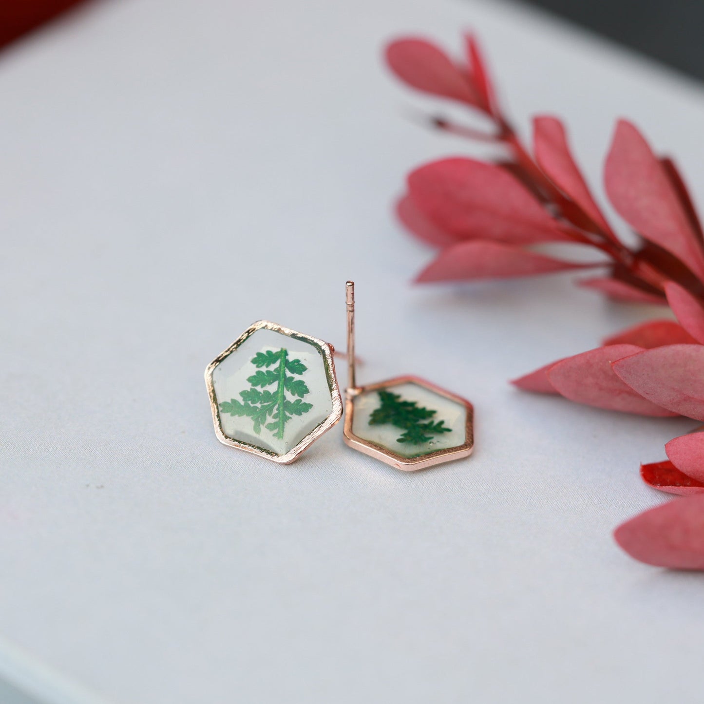 Dainty Hexagon Earrings - Handmade Real Pressed Green Leaves in Resin, Minimalist Studs