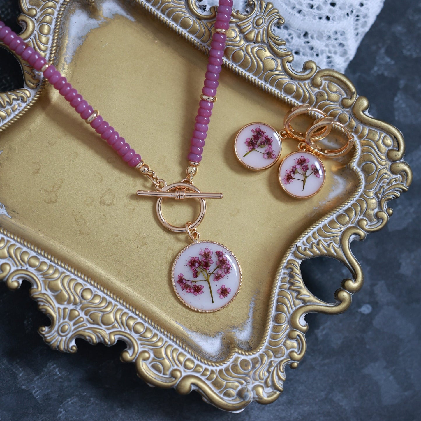 Handmade Spirea Flower Necklace with Violet beads - Delicate & Unique Nature Jewelry