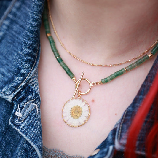 Pressed Daisy Flower Necklace with real Green Aventurine - Handmade Natural Stone & Botanical Jewelry