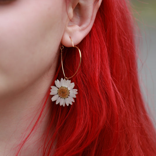 Big Heart Earrings with Real Daisy Flower - Handmade Romantic Botanical Earrings