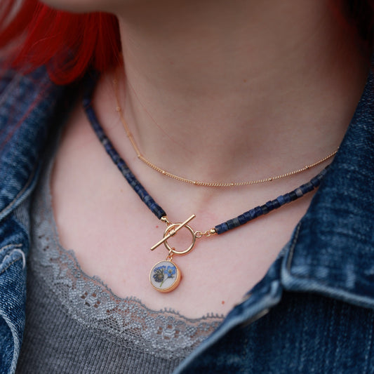 Forget Me Not necklace with Blue Sodalite Beads - Real Pressed Flower, Handcrafted Fine Botanical Jewelry