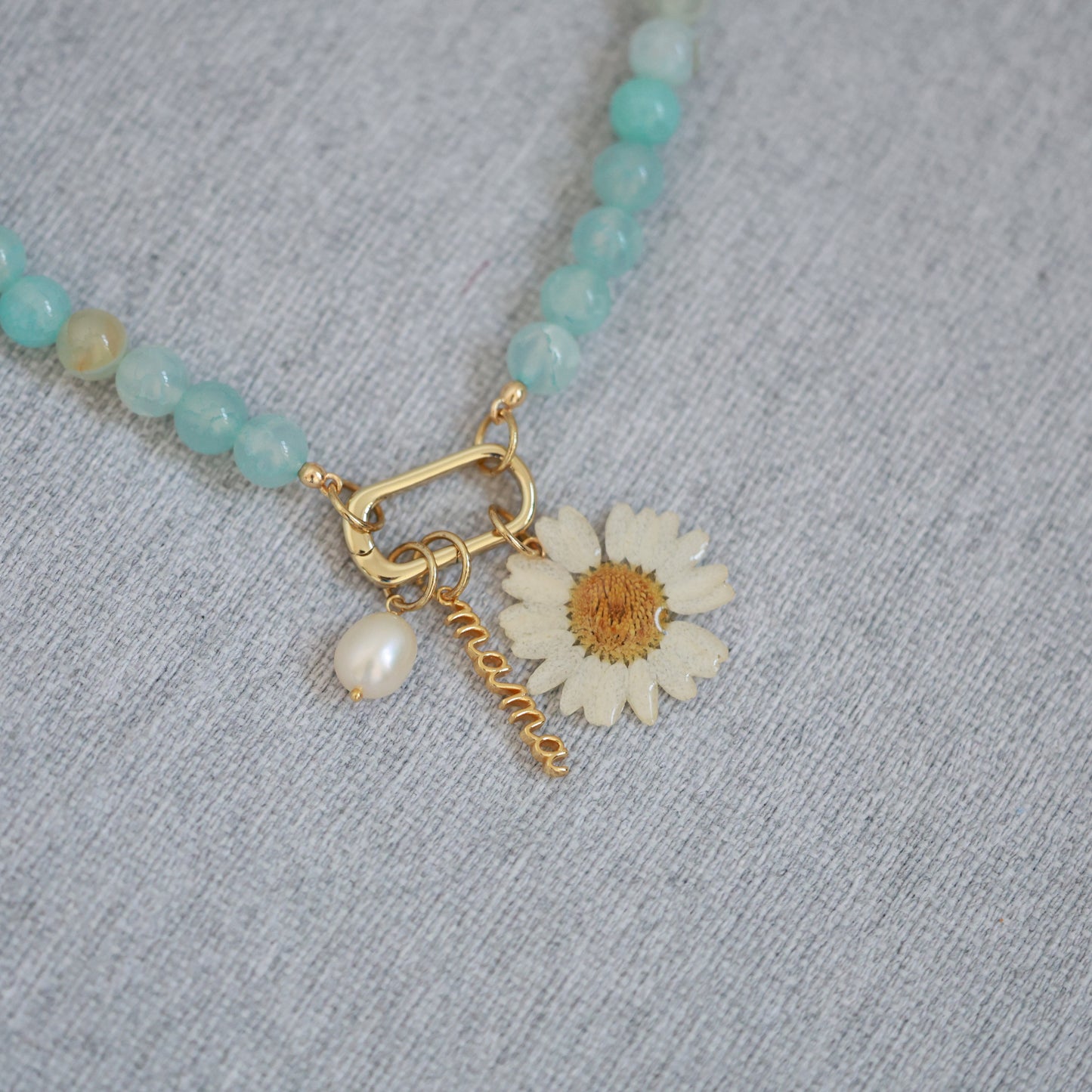 Blue Agate "Mama" Necklace with Daisy & FreshWater Pearl