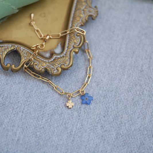Real Forget-Me-Not Flower Brcelet with Lucky Clover Charm | Gold plated Brass Handmade Jewelry