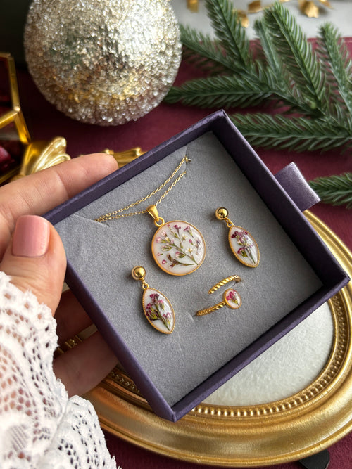 Handmade Gold Plated Sterling Silver Jewelry Set with Real Flowers – Earrings, Necklace & Ring