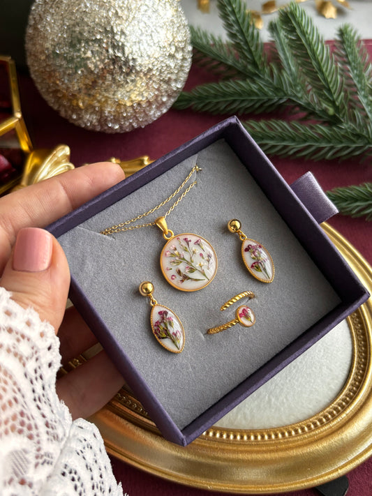 Handmade Gold Plated Sterling Silver Jewelry Set with Real Flowers – Earrings, Necklace & Ring