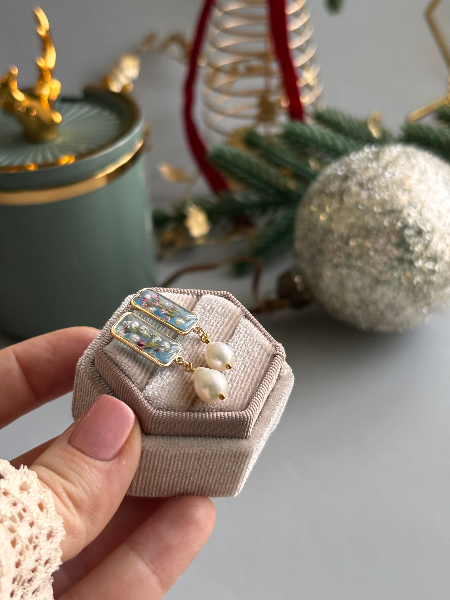 One of a Kind Blue Floral Earrings – Handmade from Real Flowers & Freshwater Pearl