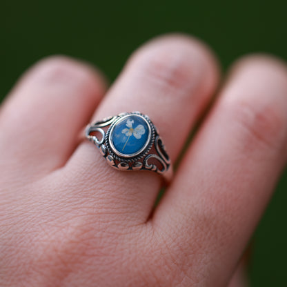 Blue vintage style adjustable ring with real flowers, 925 sterling silver,
