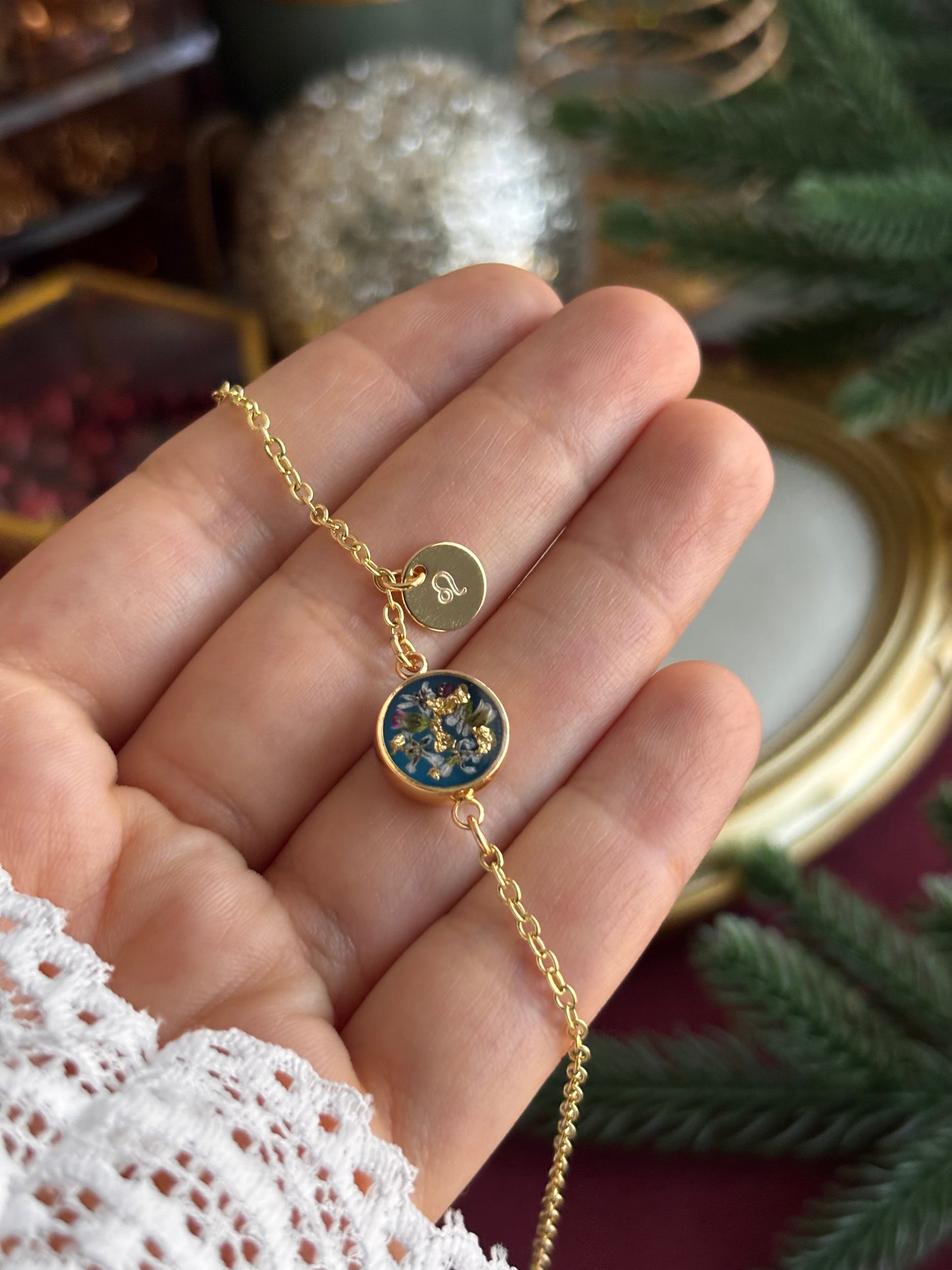 Personalized Blue Flower Bracelet – Handmade from Real Wildflowers, Custom Initial or Zodiac Charm Gift