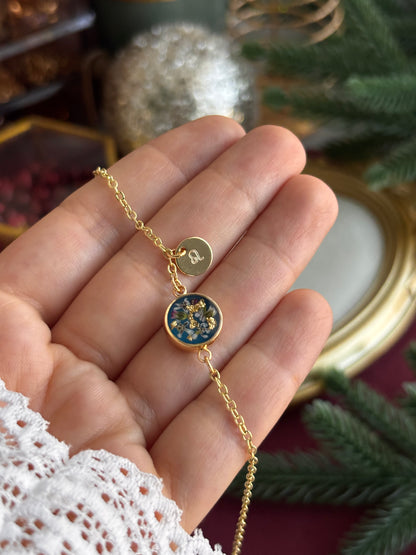 Personalized Blue Flower Bracelet – Handmade from Real Wildflowers, Custom Initial or Zodiac Charm Gift