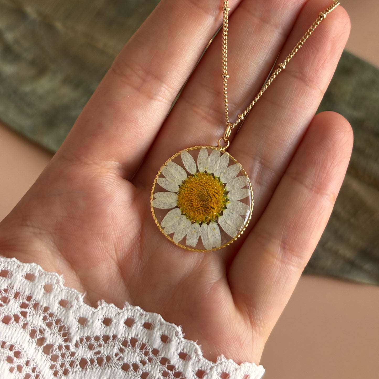 Pressed daisy flower necklace with 18K gold plated ball chain