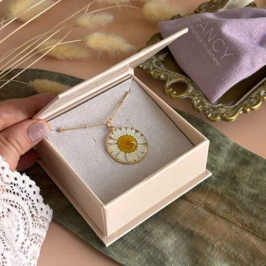 Pressed daisy flower necklace with 18K gold plated ball chain