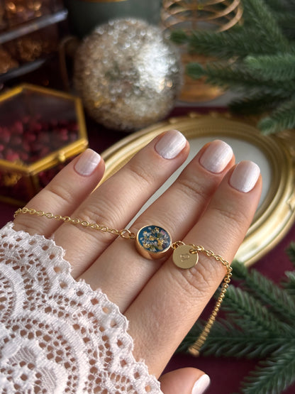 Personalized Blue Flower Bracelet – Handmade from Real Wildflowers, Custom Initial or Zodiac Charm Gift