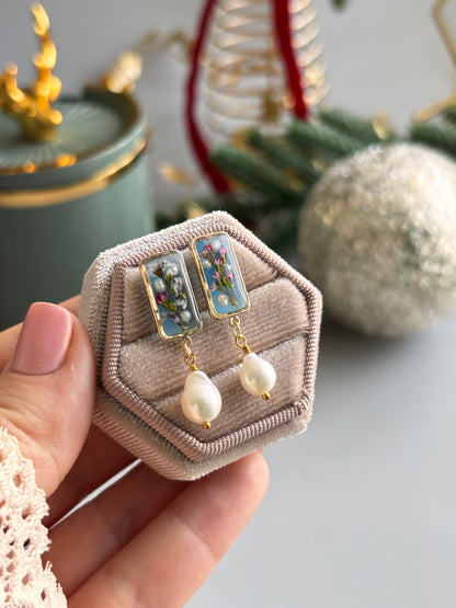 One of a Kind Blue Floral Earrings – Handmade from Real Flowers & Freshwater Pearl