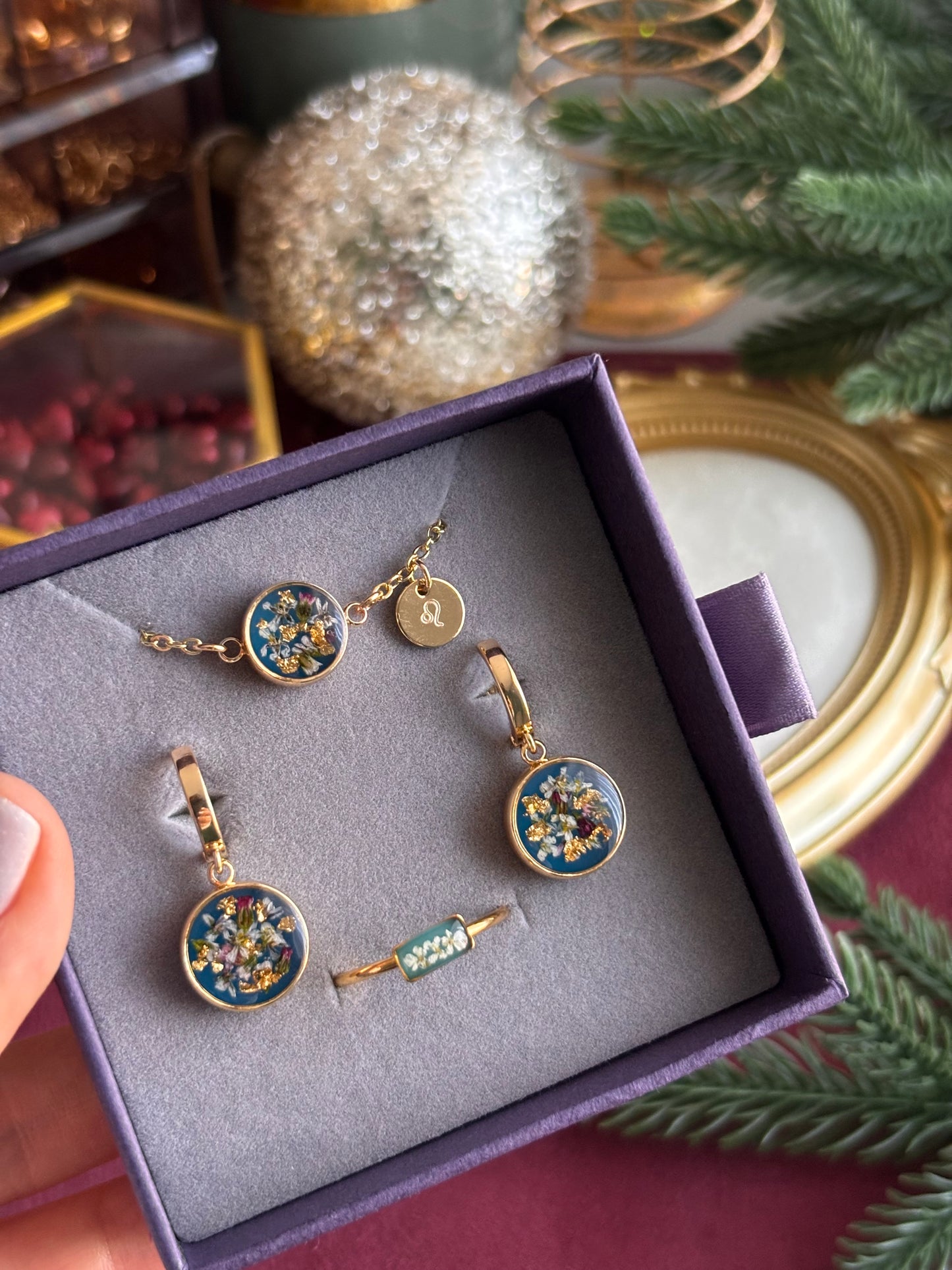 Personalized Blue Flower Bracelet – Handmade from Real Wildflowers, Custom Initial or Zodiac Charm Gift