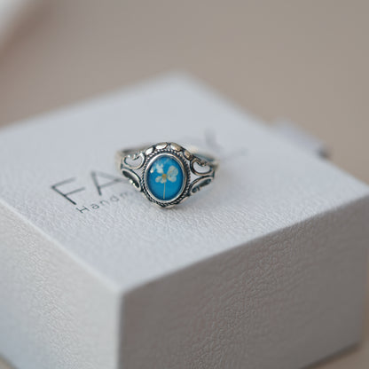 Blue vintage style adjustable ring with real flowers, 925 sterling silver,