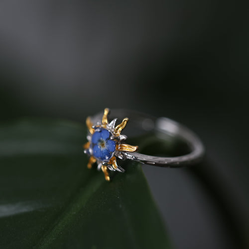 Ring Blossom Sun , sterling silver adjustable ring with forget me not flower