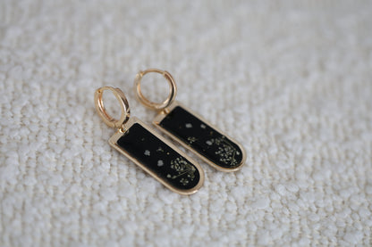 Pressed Queen Anne's Lace Earrings on black resin & gold plated brass