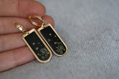 Pressed Queen Anne's Lace Earrings on black resin & gold plated brass