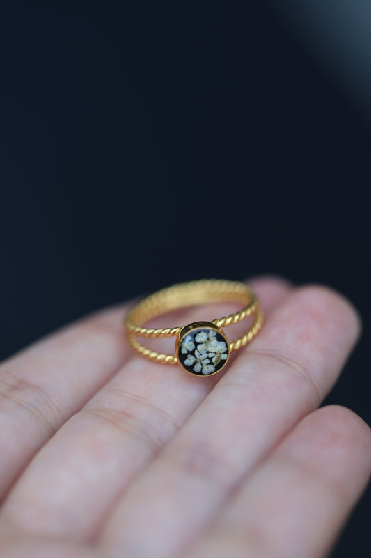 Gold Botanical Ring with real white flowers on black