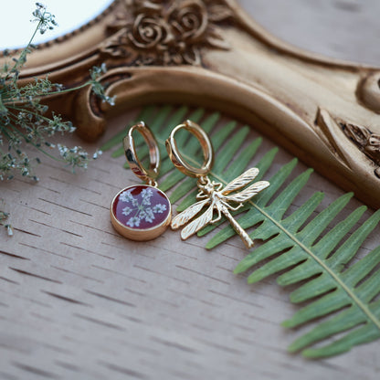 Ձեռագործ ասիմետրիկ ականջօղեր "DragonFly & Deep Red"