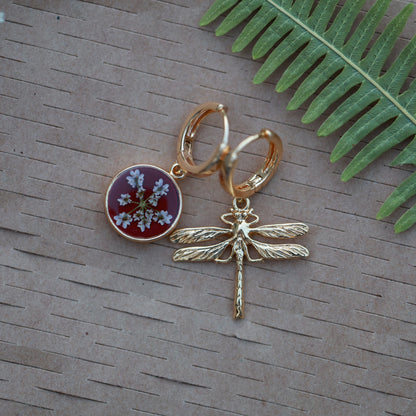 Ձեռագործ ասիմետրիկ ականջօղեր "DragonFly & Deep Red"