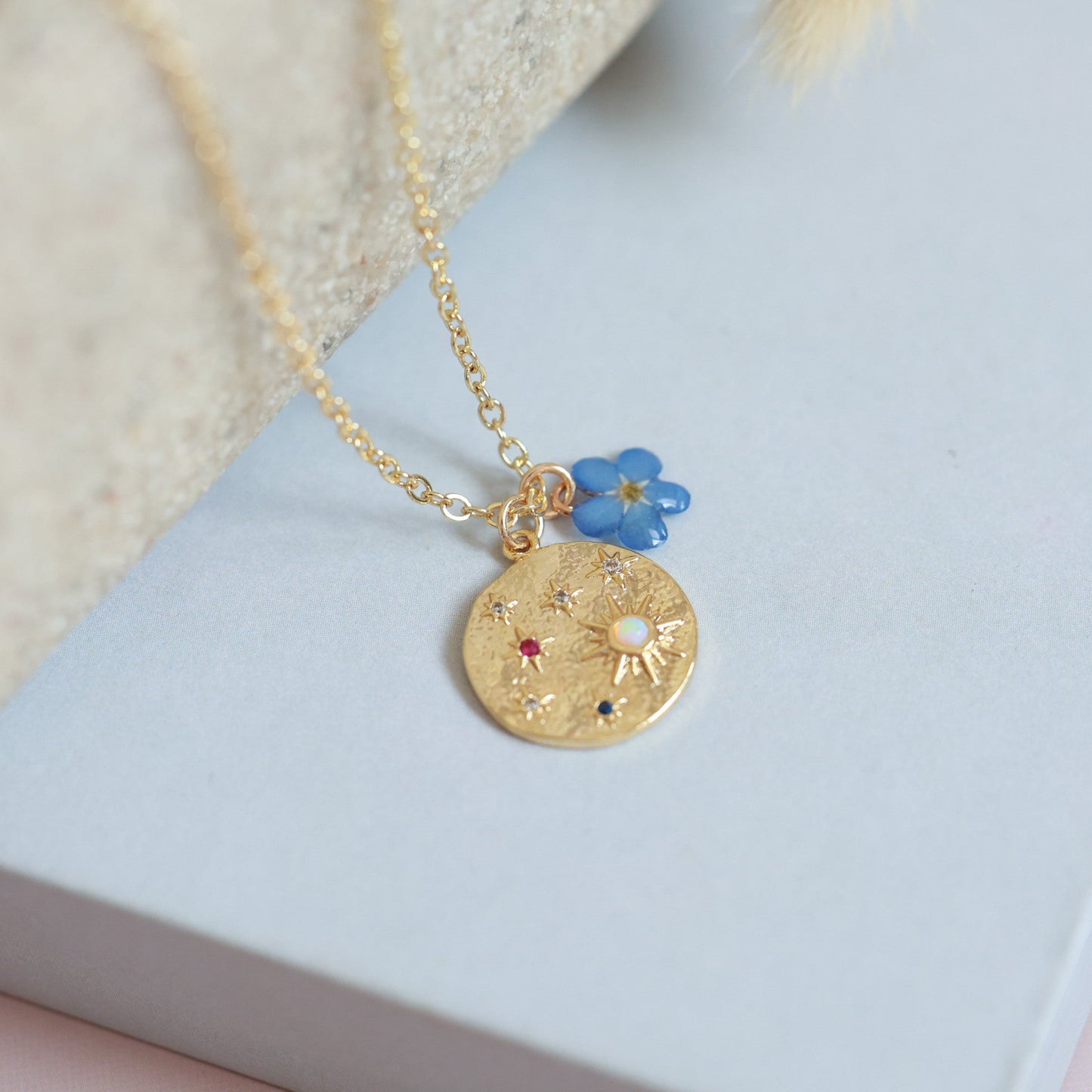 Night sky star pendant with real forget me not charm