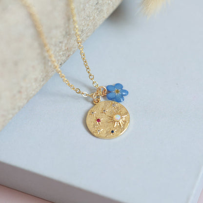 Night sky star pendant with real forget me not charm