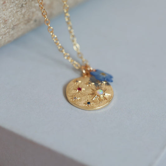 Night sky star pendant with real forget me not charm