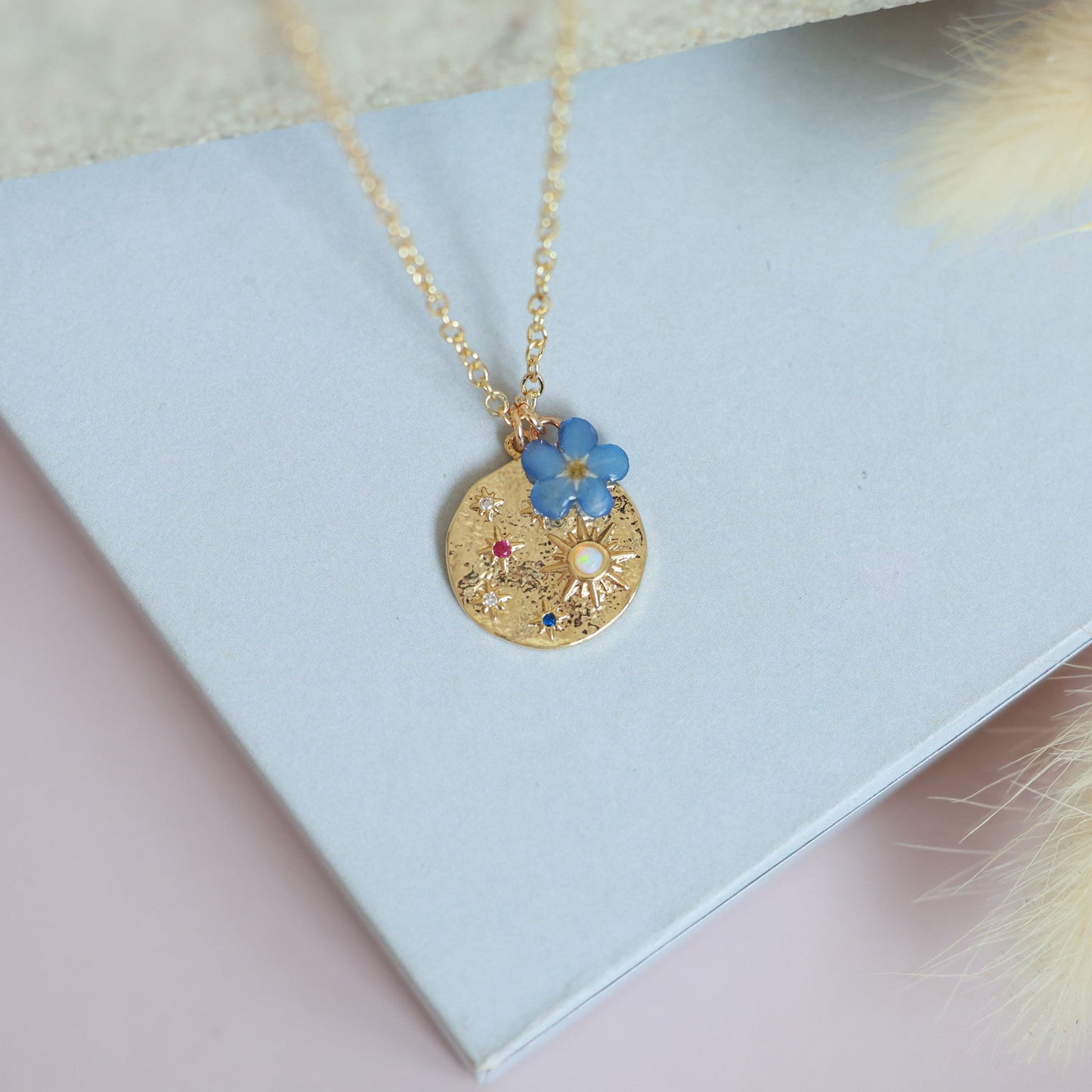 Night sky star pendant with real forget me not charm