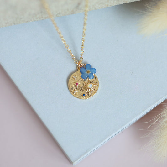 Night sky star pendant with real forget me not charm