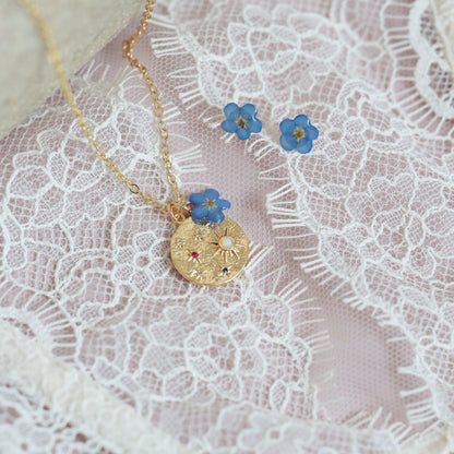 Night sky star pendant with real forget me not charm
