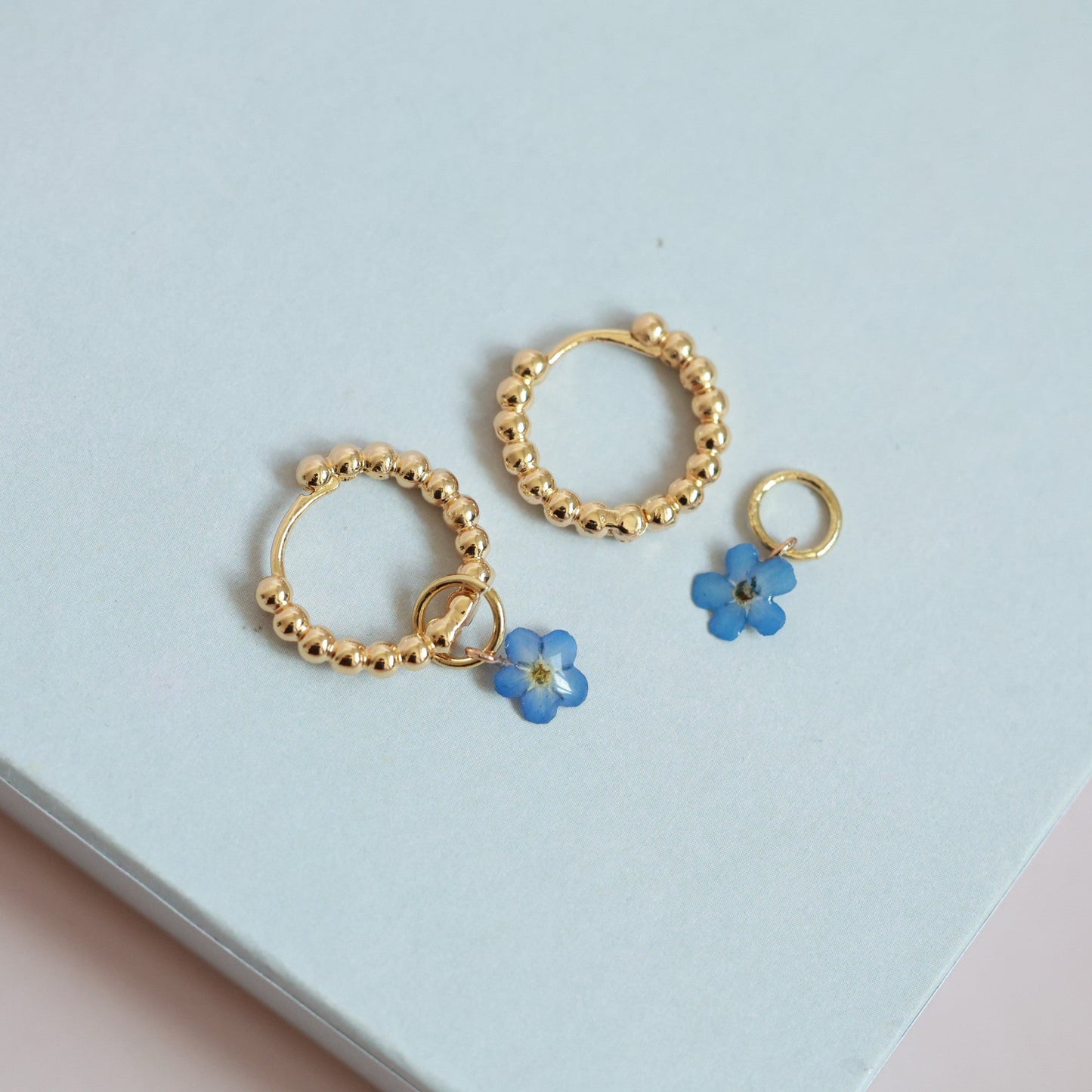 Two-Way Gold hoop earrings with real forget me not floral charm