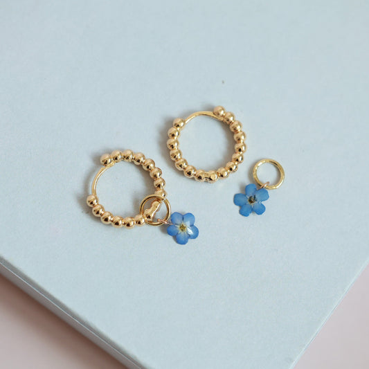 Two-Way Gold hoop earrings with real forget me not floral charm