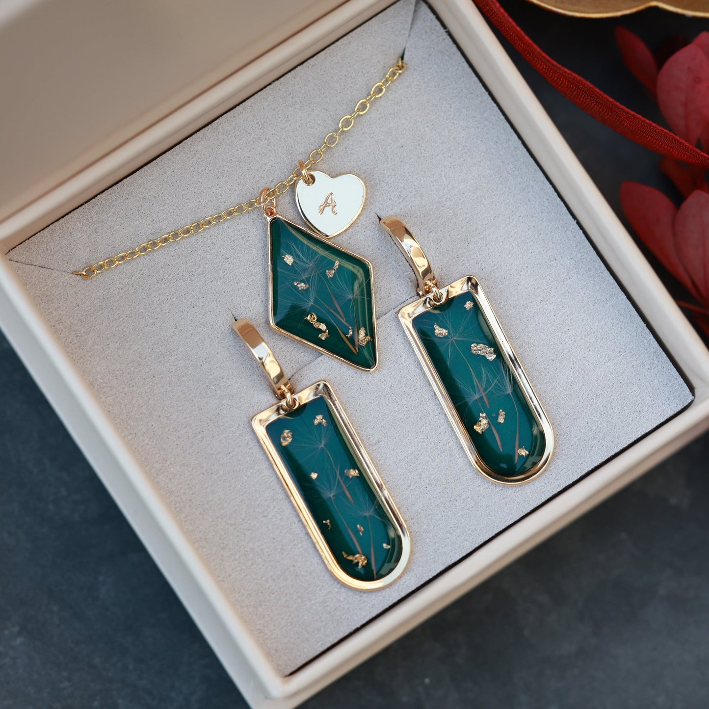 Dark Green Dandelion Seed Jewelry Set - Earrings & Personalized necklace