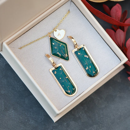 Dark Green Dandelion Seed Jewelry Set - Earrings & Personalized necklace