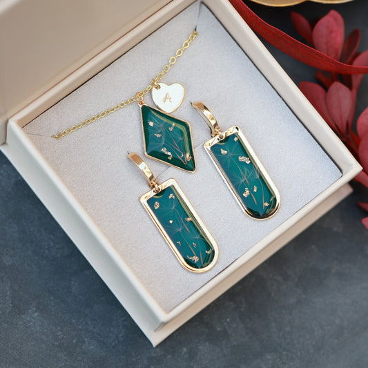 Dark Green Dandelion Seed Jewelry Set - Earrings & Personalized necklace