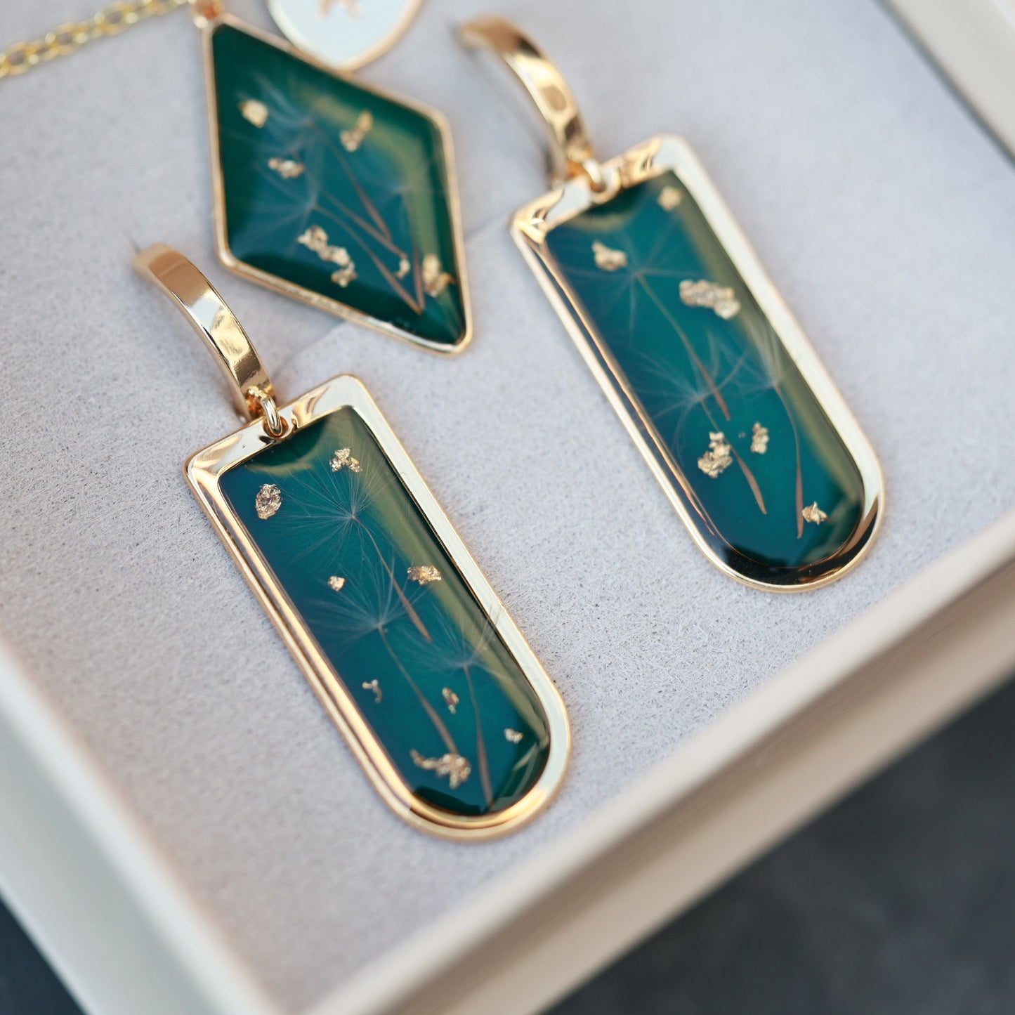 Dark Green Dandelion Seed Jewelry Set - Earrings & Personalized necklace